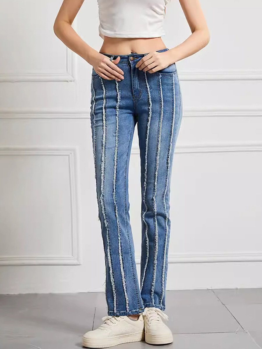 Hoog Taille Gerafeld Patchwork Jeans