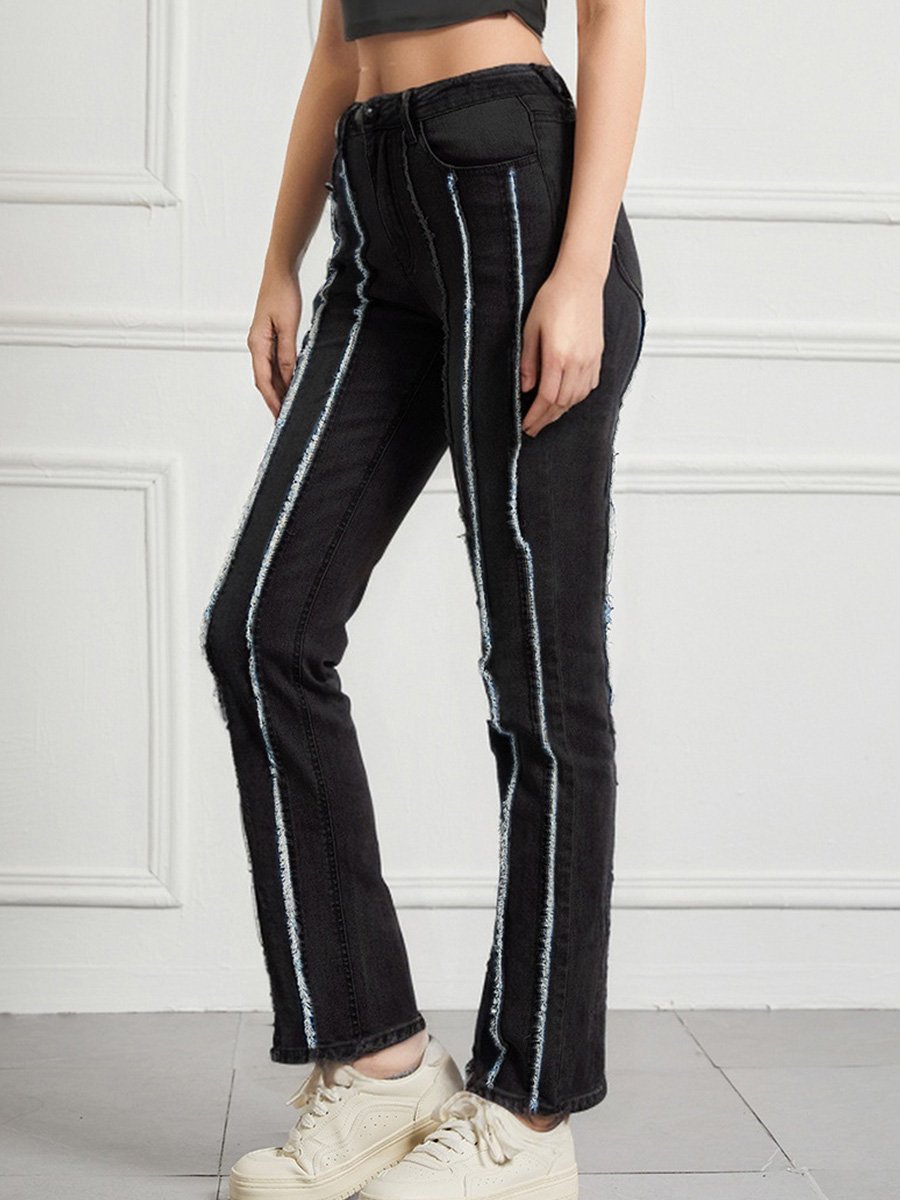 Hoog Taille Gerafeld Patchwork Jeans