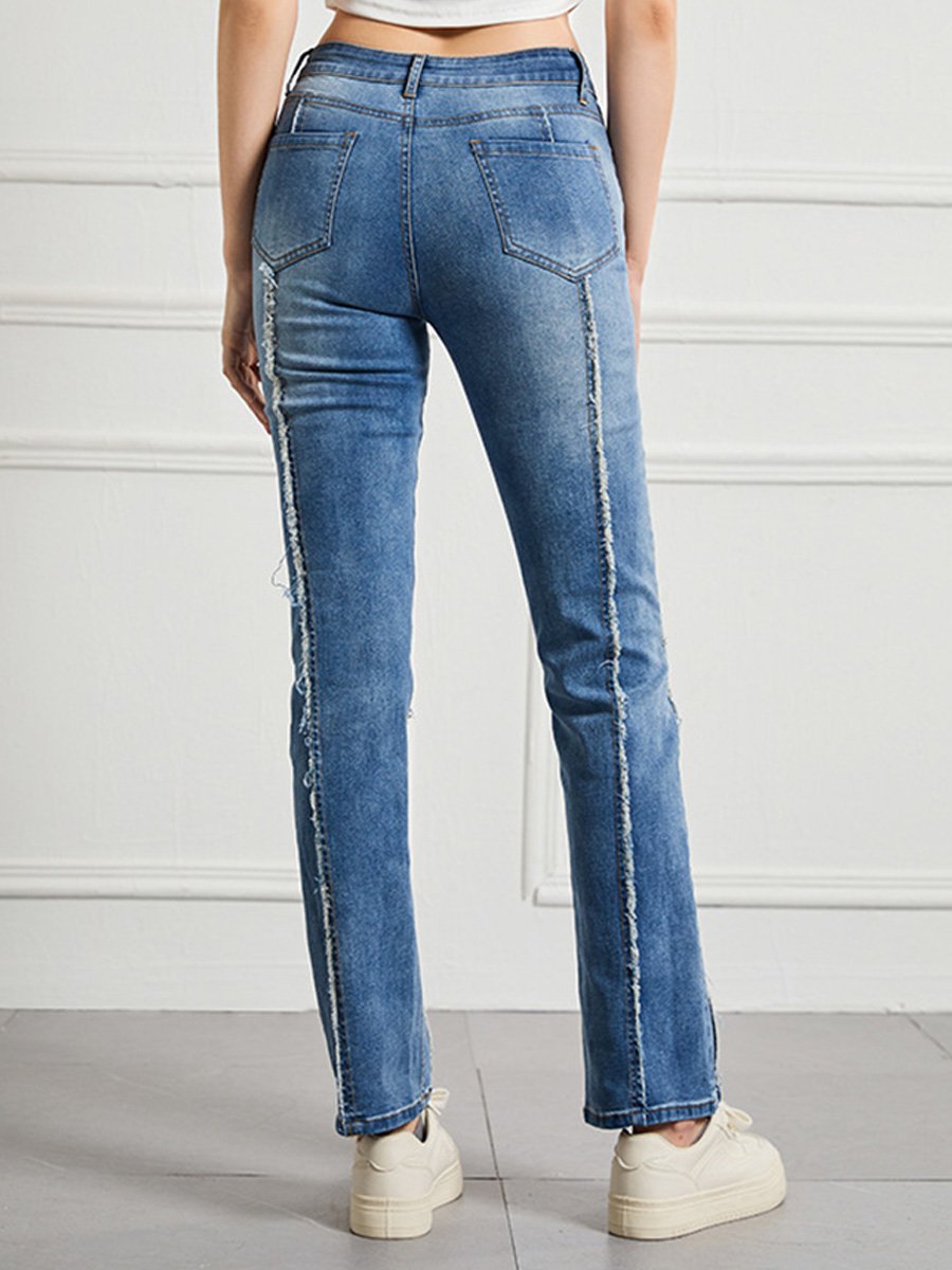 Hoog Taille Gerafeld Patchwork Jeans