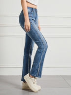 Hoog Taille Gerafeld Patchwork Jeans