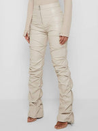 Hoog Taille Geplooide Slim Leren Broek