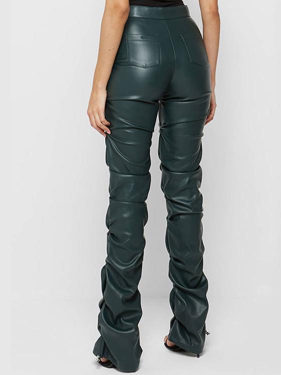 Hoog Taille Geplooide Slim Leren Broek